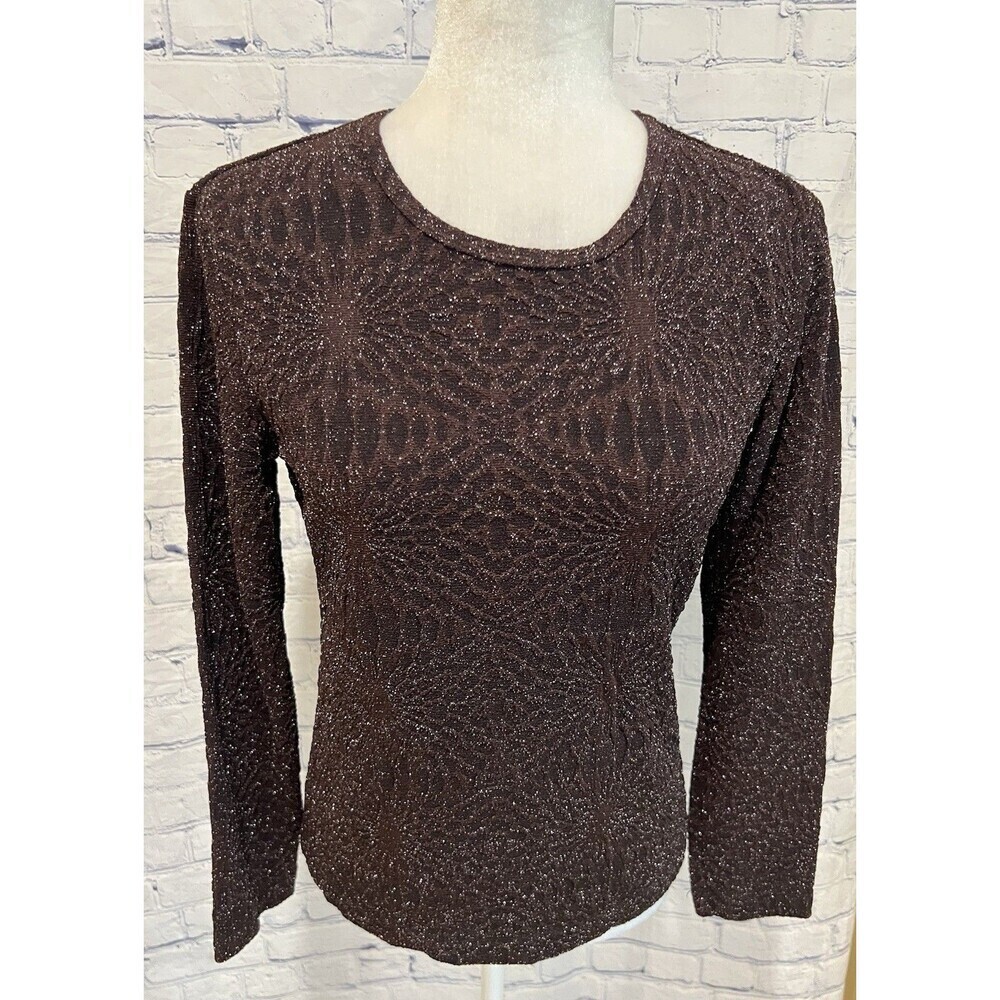 Chicos Top Womens Brown Textured Shimmer Long Sleeve Tee Casual Size 0/Small